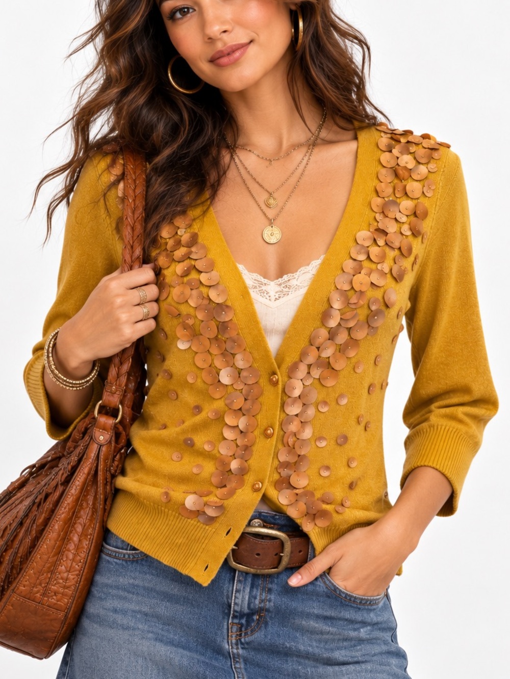 ELLE Mustard Gold Sequin Embellished Button Front Cardigan Sweater Small